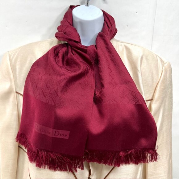 Christian Dior Scarf/Shaw Silk Fringed 64"x 17" Burgendy Dark Red Logo Print (79 - Picture 5 of 11